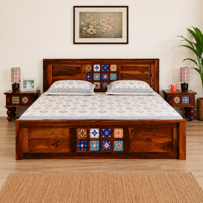 Solid Sheesham Wood Bed – Decorative Tile Panel Design