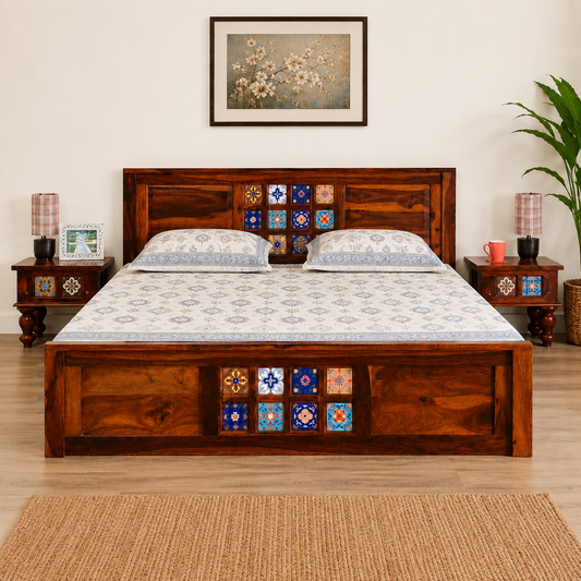 Solid Sheesham Wood Bed – Decorative Tile Panel Design