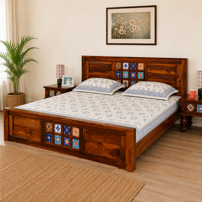 Solid Sheesham Wood Bed – Decorative Tile Panel Design