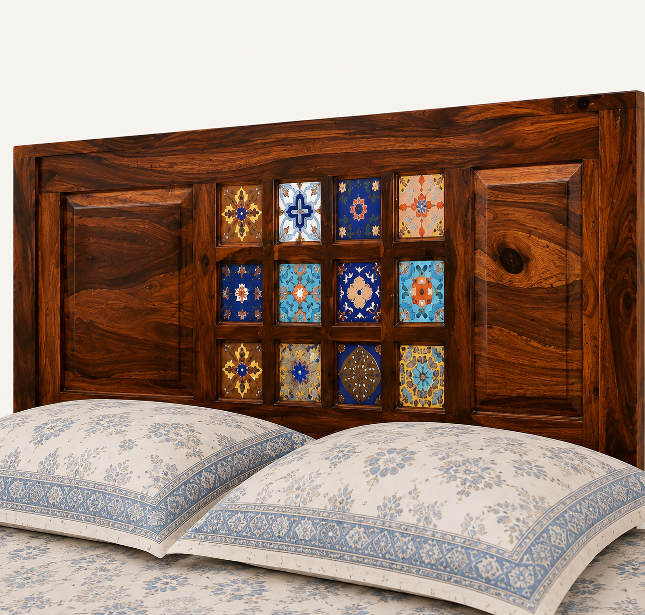 Solid Sheesham Wood Bed – Decorative Tile Panel Design