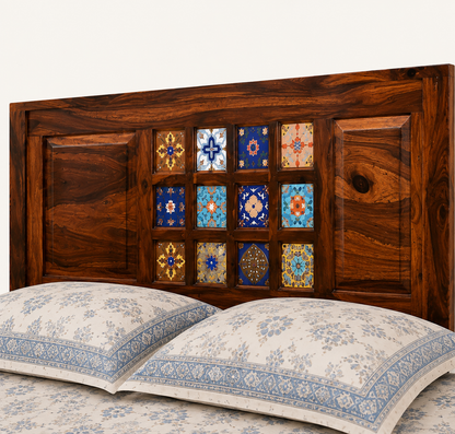 Solid Sheesham Wood Bed – Decorative Tile Panel Design