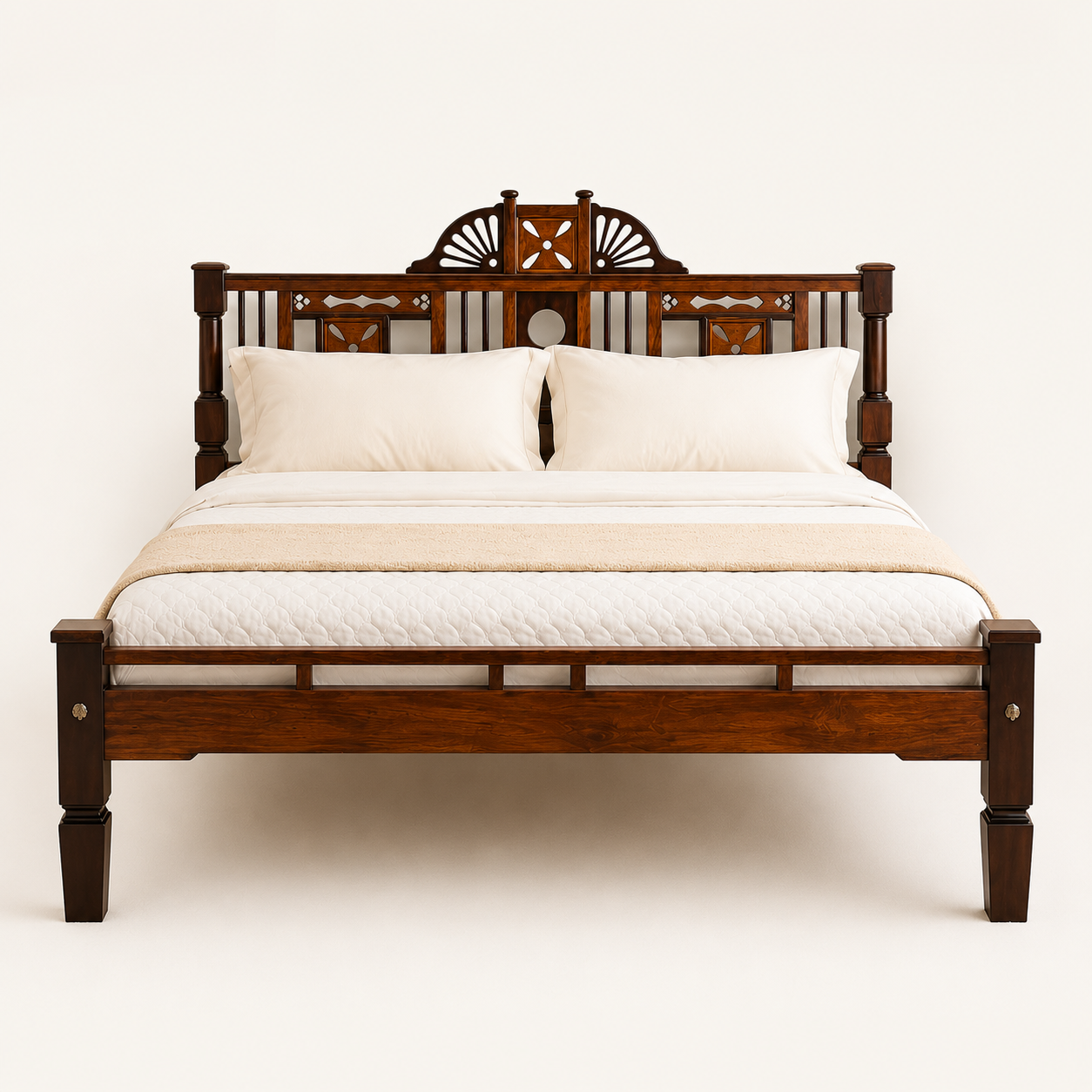 Solid Sheesham Wood Bed with Ornate Decorative Headboard