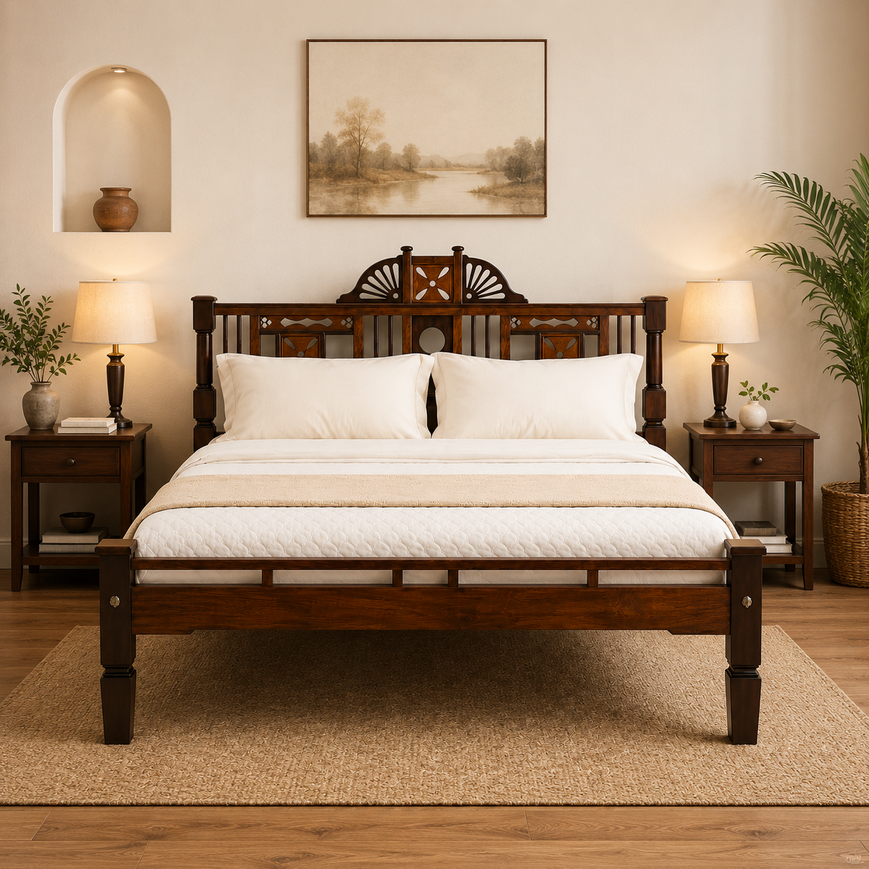 Solid Sheesham Wood Bed with Ornate Decorative Headboard