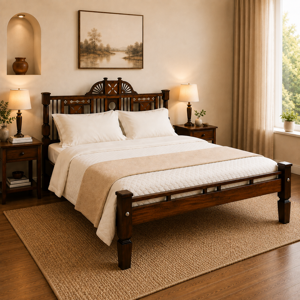 Solid Sheesham Wood Bed with Ornate Decorative Headboard