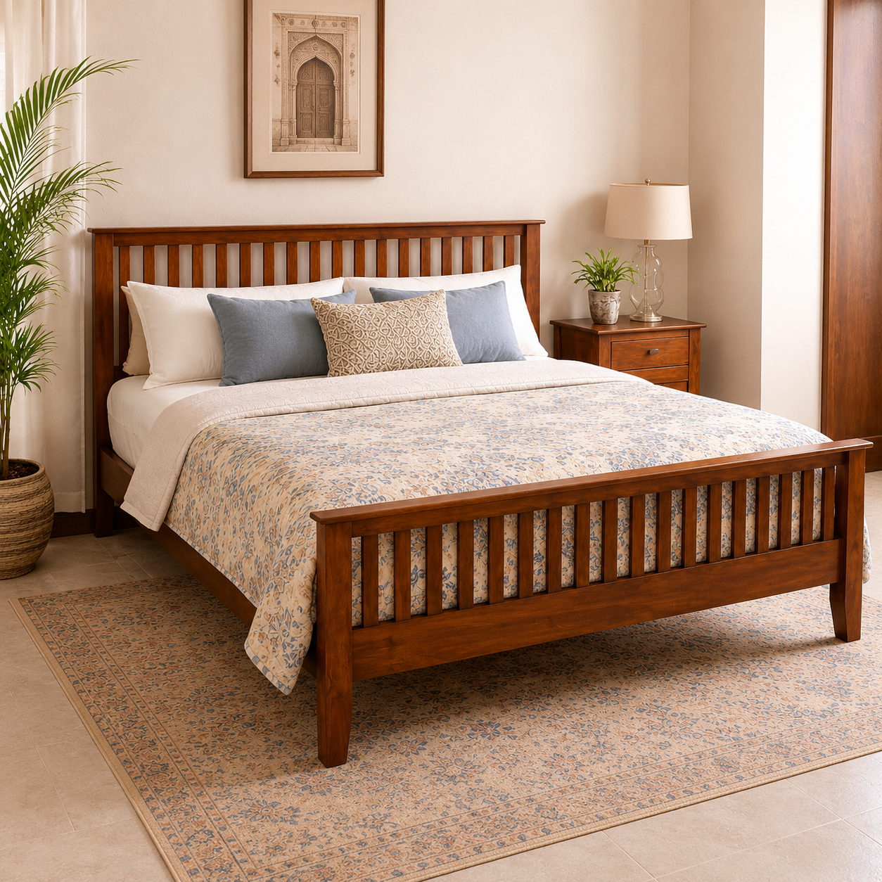 Solid Sheesham Wood Bed – Slatted Headboard & Footboard