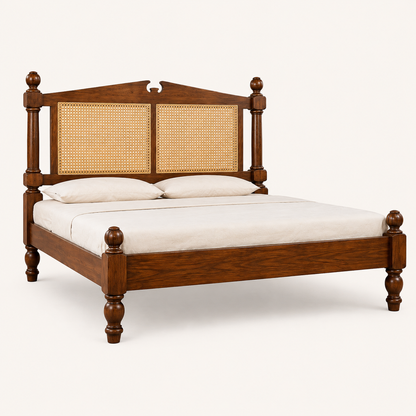 Solid Sheesham Wood Bed with Cane Headboard – Turned Post Design