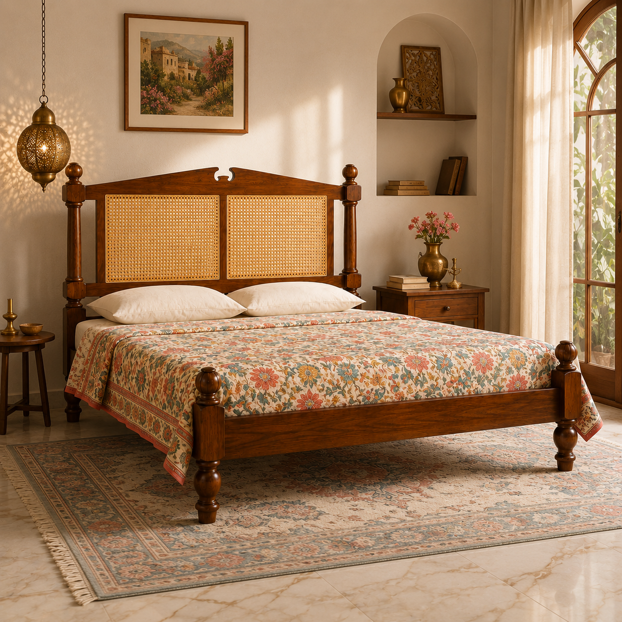 Solid Sheesham Wood Bed with Cane Headboard – Turned Post Design