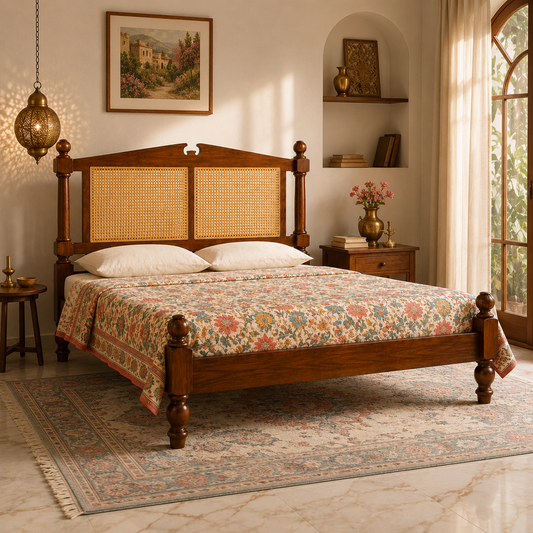Solid Sheesham Wood Bed with Cane Headboard – Turned Post Design