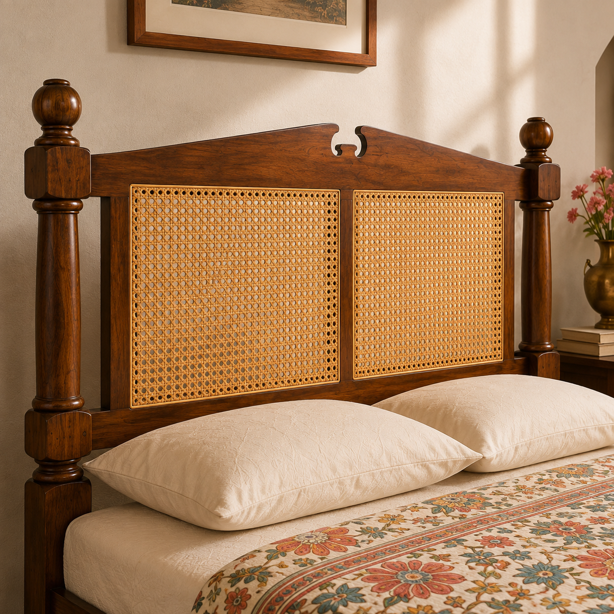 Solid Sheesham Wood Bed with Cane Headboard – Turned Post Design