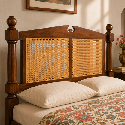 Solid Sheesham Wood Bed with Cane Headboard – Turned Post Design