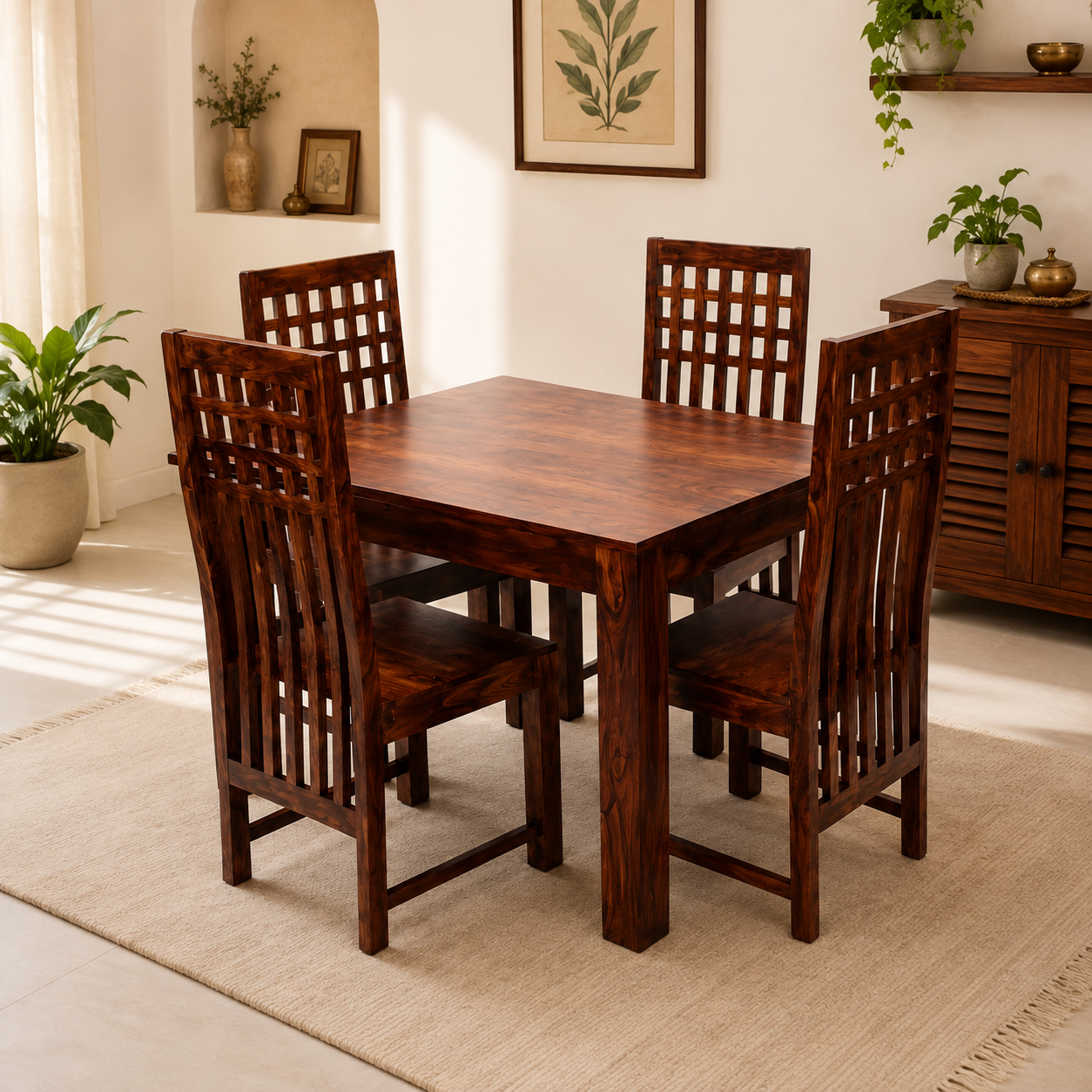 Solid Sheesham Wood Dining Table Set with High-Back Lattice Chairs – 4 Seater