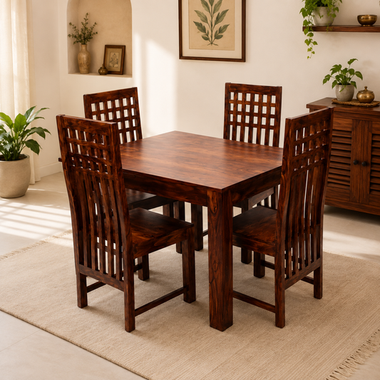Solid Sheesham Wood Dining Table Set with High-Back Lattice Chairs – 4 Seater