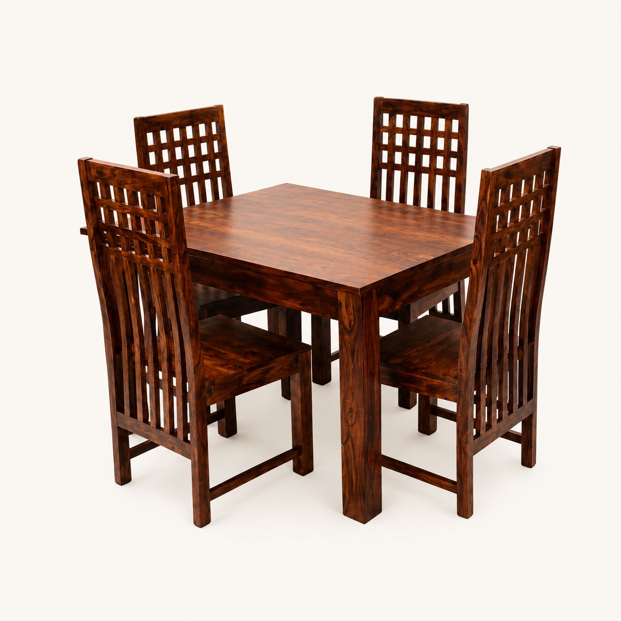 Solid Sheesham Wood Dining Table Set with High-Back Lattice Chairs – 4 Seater