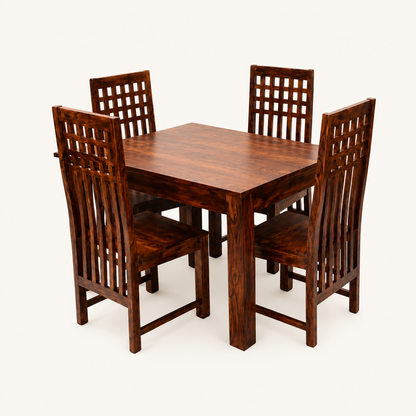 Solid Sheesham Wood Dining Table Set with High-Back Lattice Chairs – 4 Seater