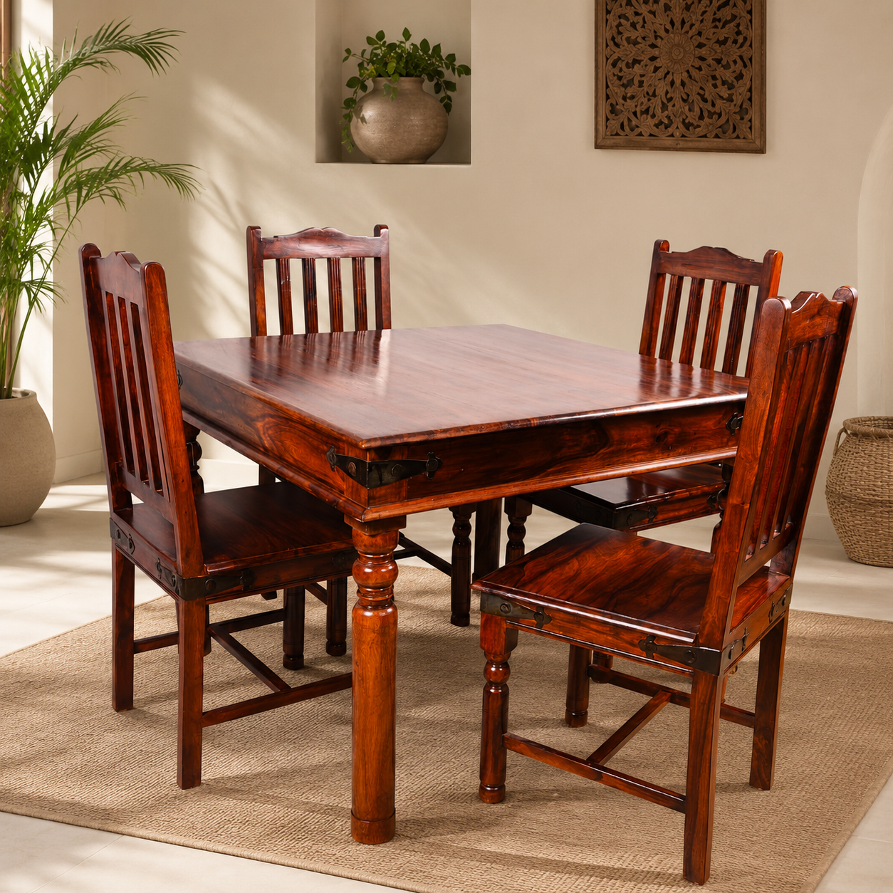 Solid Sheesham Wood Dining Table Set – 4 Seater | Classic Turned-Leg Design