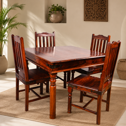 Solid Sheesham Wood Dining Table Set – 4 Seater | Classic Turned-Leg Design
