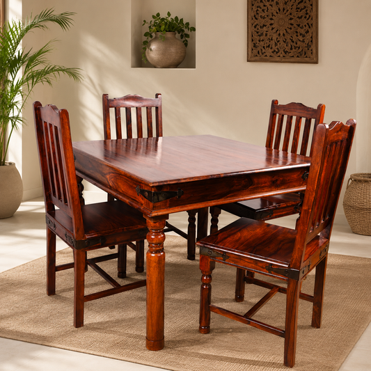Solid Sheesham Wood Dining Table Set – 4 Seater | Classic Turned-Leg Design
