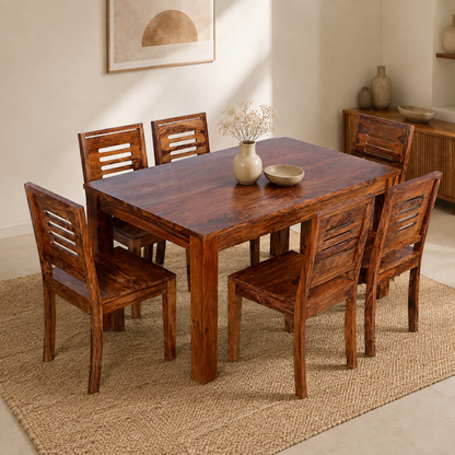 Solid Sheesham Wood Dining Table Set – 6 Seater | Modern Slatted-Back Chair Design