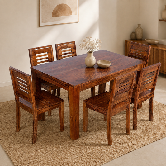Solid Sheesham Wood Dining Table Set – 6 Seater | Modern Slatted-Back Chair Design