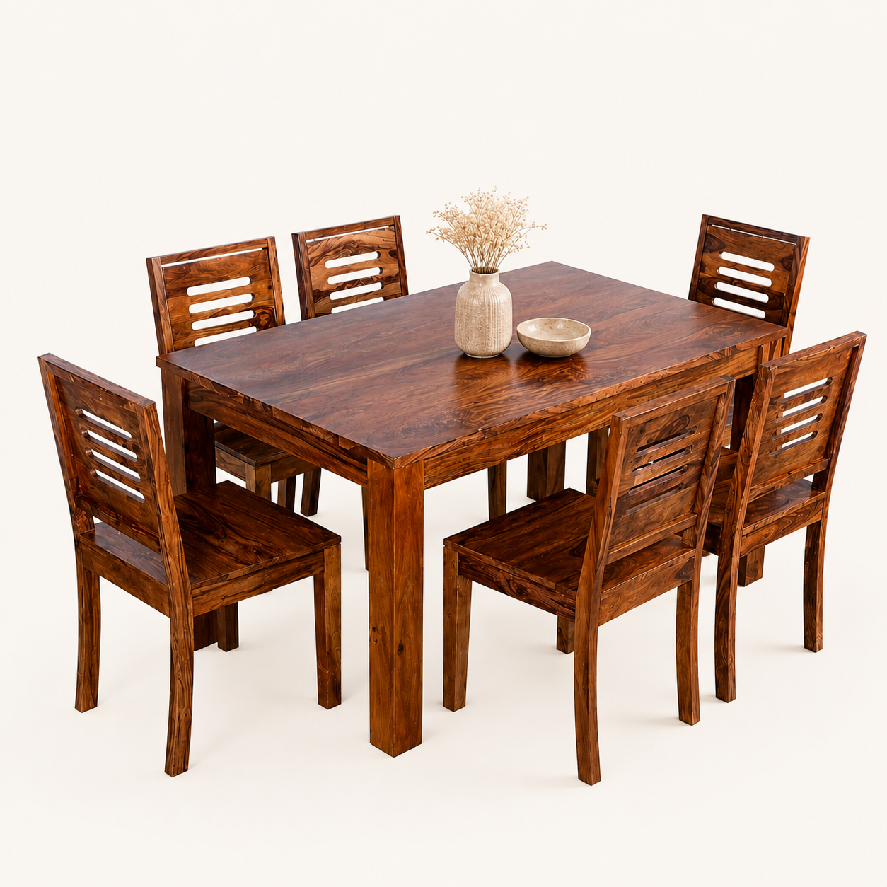 Solid Sheesham Wood Dining Table Set – 6 Seater | Modern Slatted-Back Chair Design