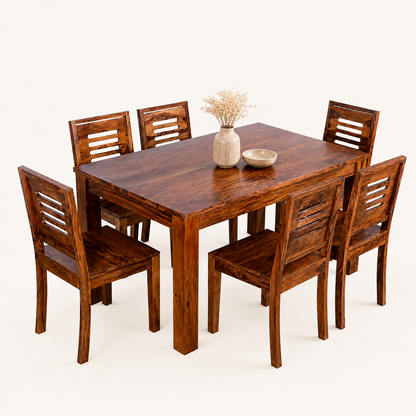 Solid Sheesham Wood Dining Table Set – 6 Seater | Modern Slatted-Back Chair Design