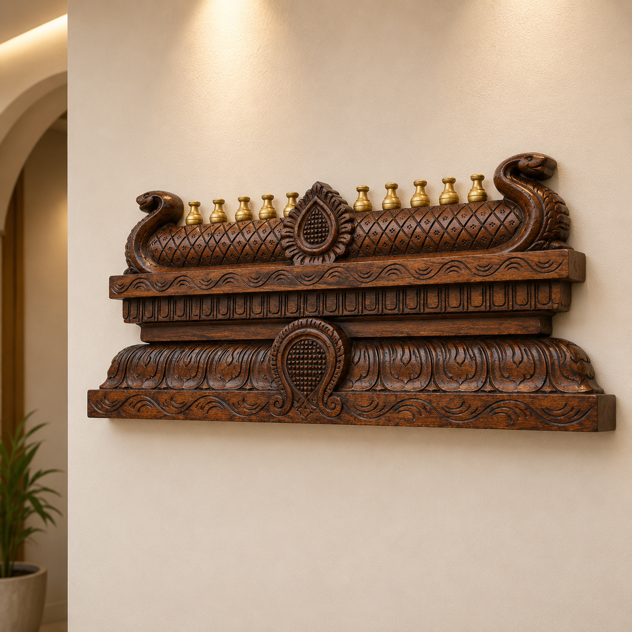 Hand-Carved Gopuram Wooden Wall Panel with Kalash | Traditional Temple Wall Décor
