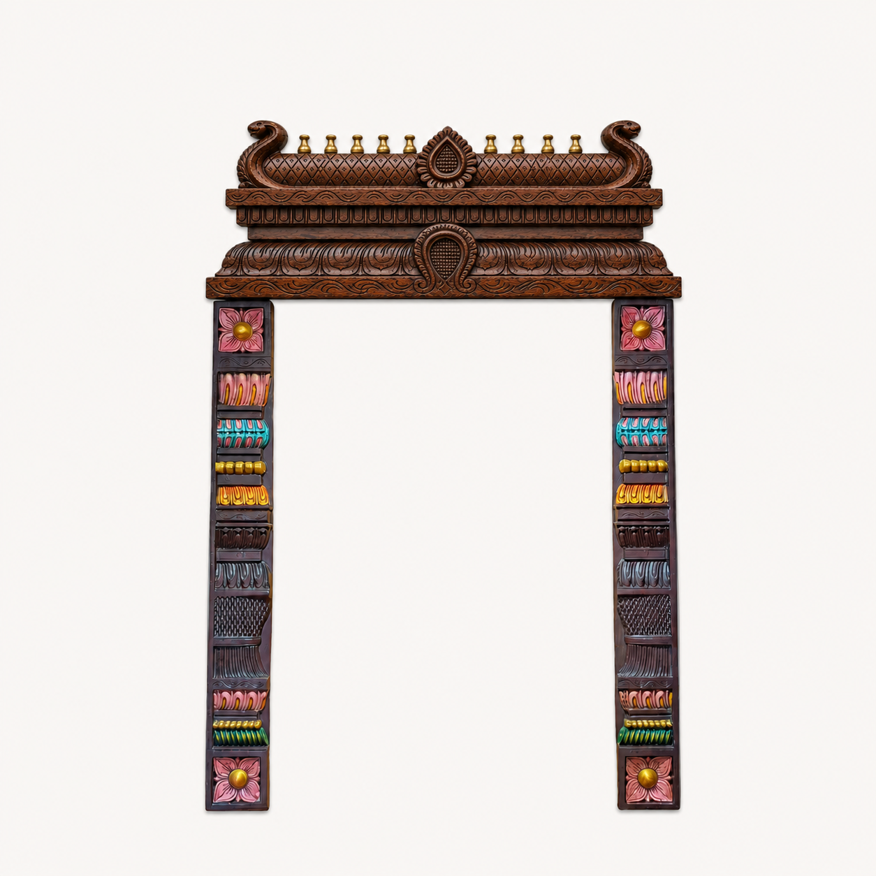 Wooden Carving Gopuram with Hand Painted Side Panels | Traditional Temple Wall Frame