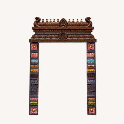 Wooden Carving Gopuram with Hand Painted Side Panels | Traditional Temple Wall Frame