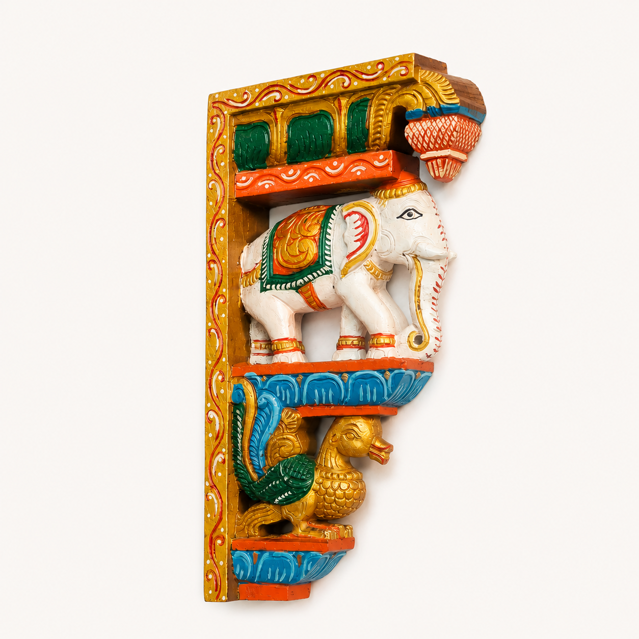 Wood Corbel Wall Brackets of Elephant & Hamsa – Handcrafted Decorative Wall Bracket