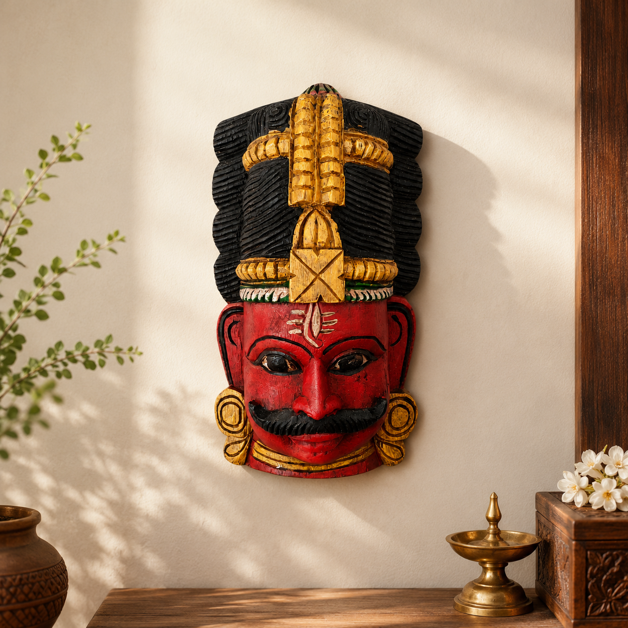 12" Hand-Carved Lord Shiva Wooden Mask Wall Decor | Traditional Indian Wall Hanging | Thar Arts & Furniture