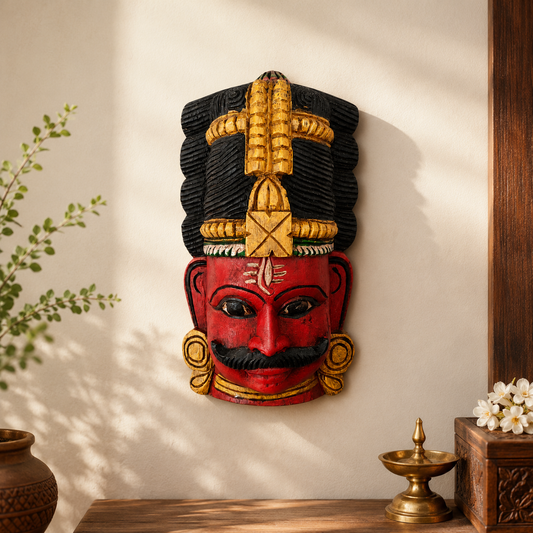 12" Hand-Carved Lord Shiva Wooden Mask Wall Decor | Traditional Indian Wall Hanging | Thar Arts & Furniture