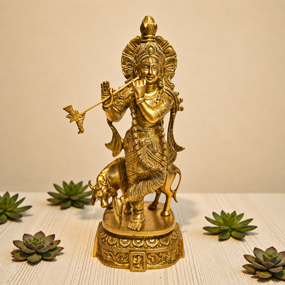 Brass Krishna With Cow Statue – Lord Krishna & Sacred Cow