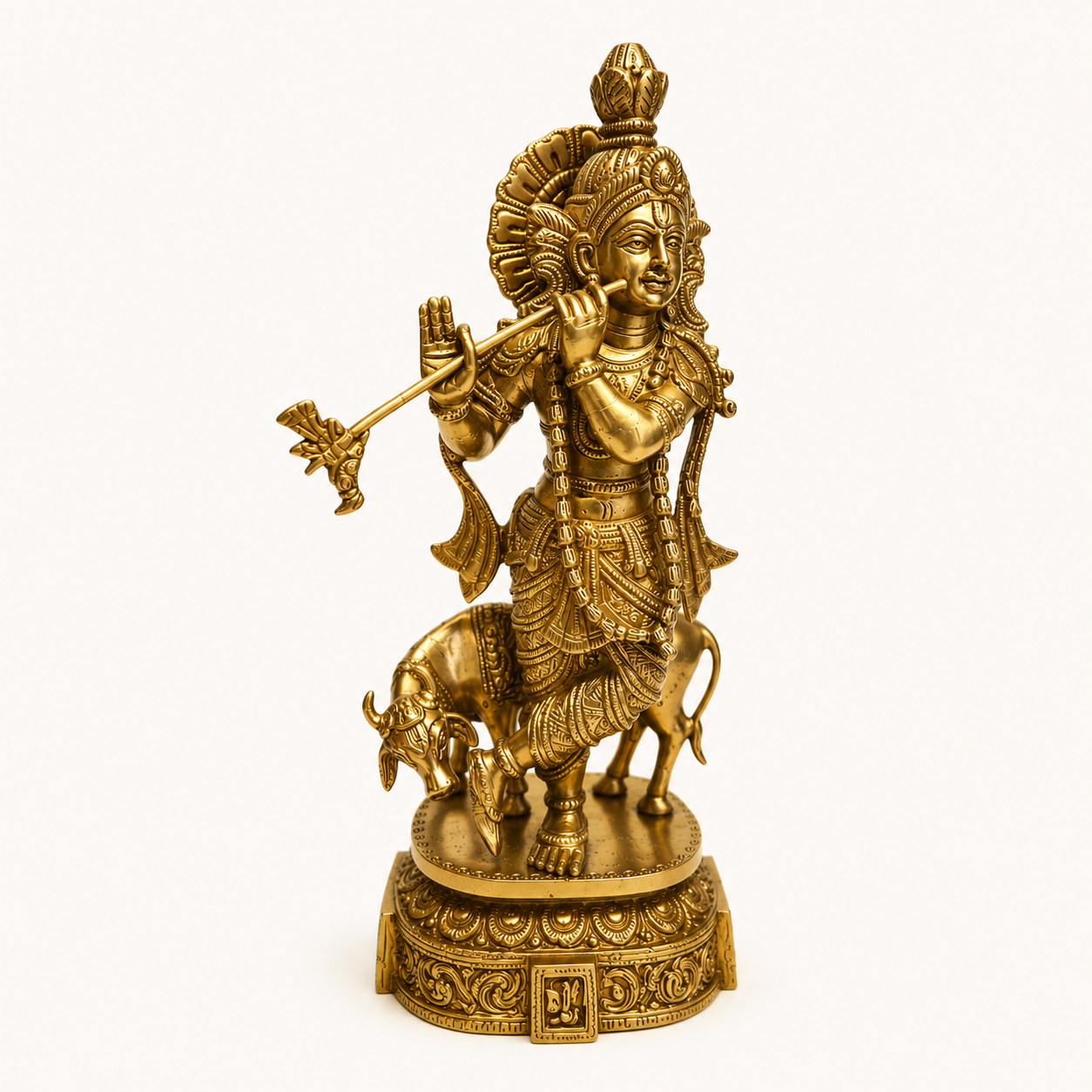 Brass Krishna With Cow Statue – Lord Krishna & Sacred Cow
