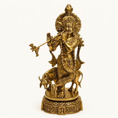 Brass Krishna With Cow Statue – Lord Krishna & Sacred Cow