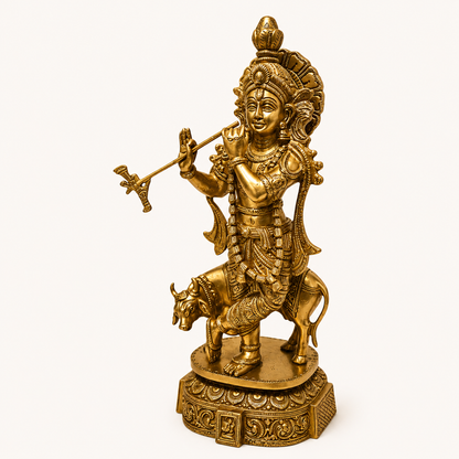 Brass Krishna With Cow Statue – Lord Krishna & Sacred Cow