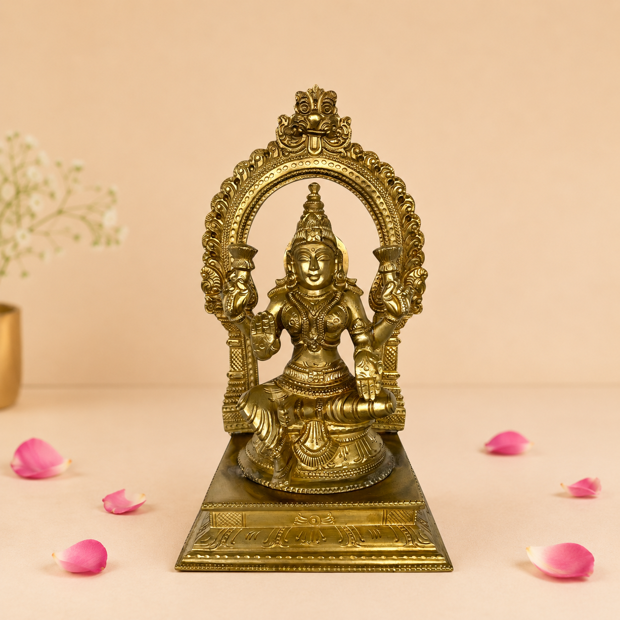 Handcrafted Brass Lakshmi Statue with Arch | Solid Brass Goddess Idol for Home Temple