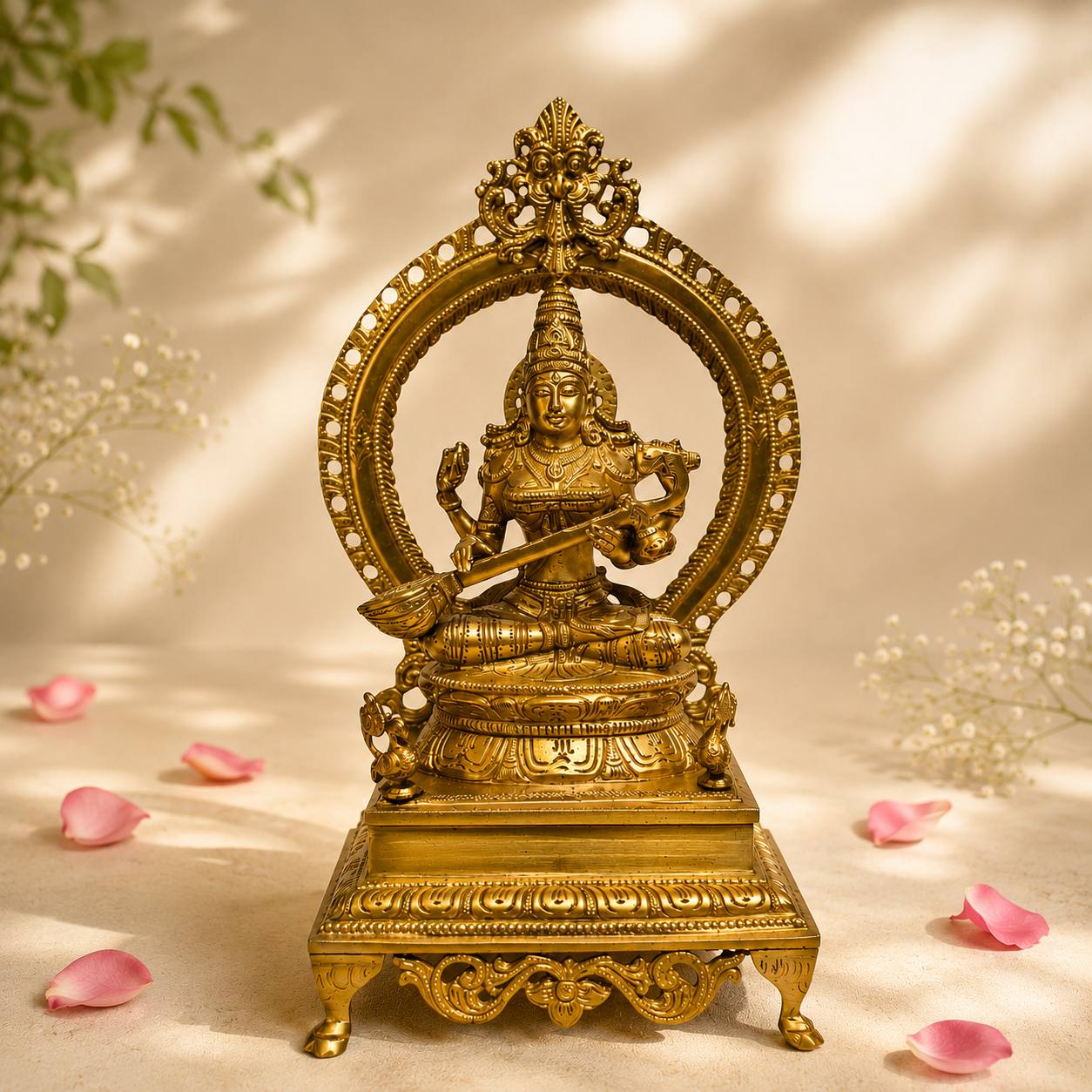 Handcrafted Brass Saraswati Idol with Arch | Premium Solid Brass Goddess Statue for Home Temple