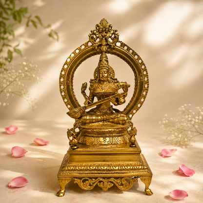 Handcrafted Brass Saraswati Idol with Arch | Premium Solid Brass Goddess Statue for Home Temple