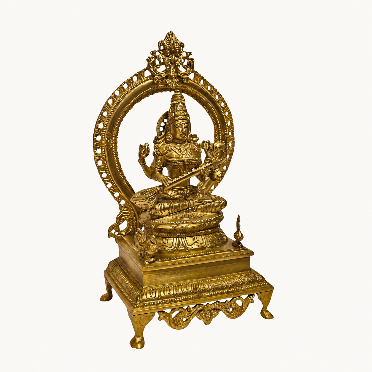 Handcrafted Brass Saraswati Idol with Arch | Premium Solid Brass Goddess Statue for Home Temple