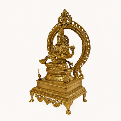 Handcrafted Brass Saraswati Idol with Arch | Premium Solid Brass Goddess Statue for Home Temple