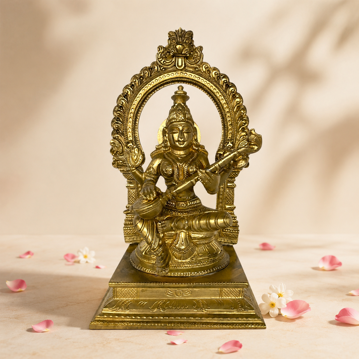 Handcrafted Brass Saraswati Statue with Arch | Premium Solid Brass Goddess Idol for Home Temple