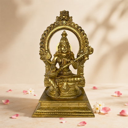 Handcrafted Brass Saraswati Statue with Arch | Premium Solid Brass Goddess Idol for Home Temple