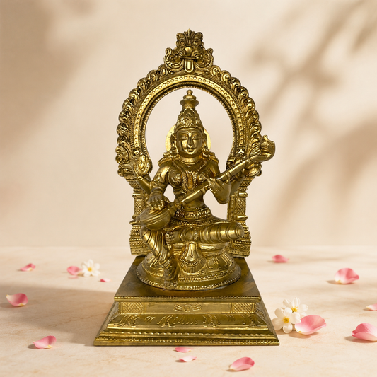 Handcrafted Brass Saraswati Statue with Arch | Premium Solid Brass Goddess Idol for Home Temple