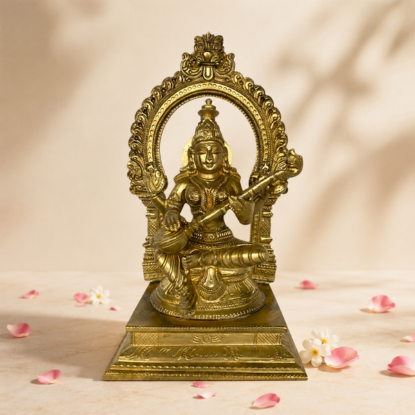 Handcrafted Brass Saraswati Statue with Arch | Premium Solid Brass Goddess Idol for Home Temple