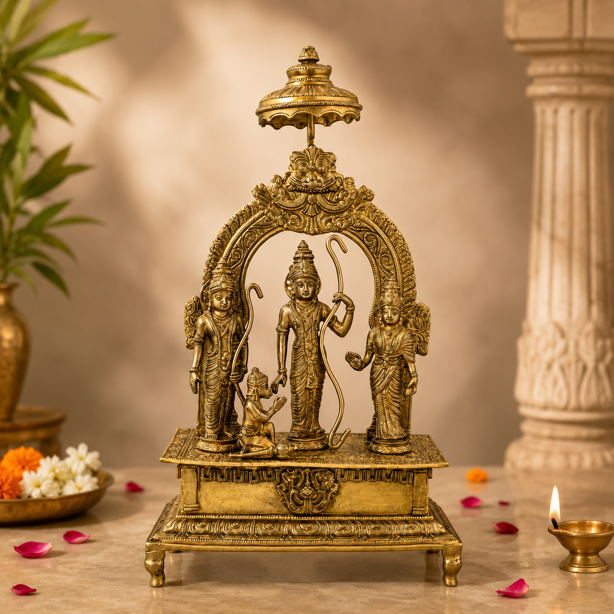 Handcrafted Brass Ram Darbar Idol | Premium Solid Brass Rama Sita Lakshmana Hanuman Statue