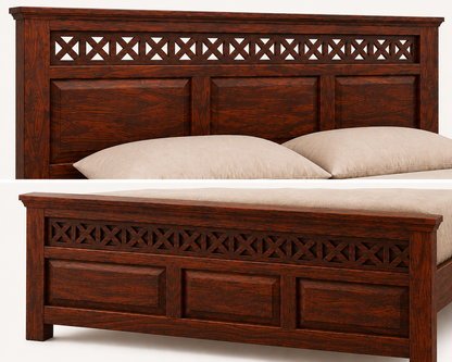 Solid Sheesham Wood Bed – Geometric Lattice Design