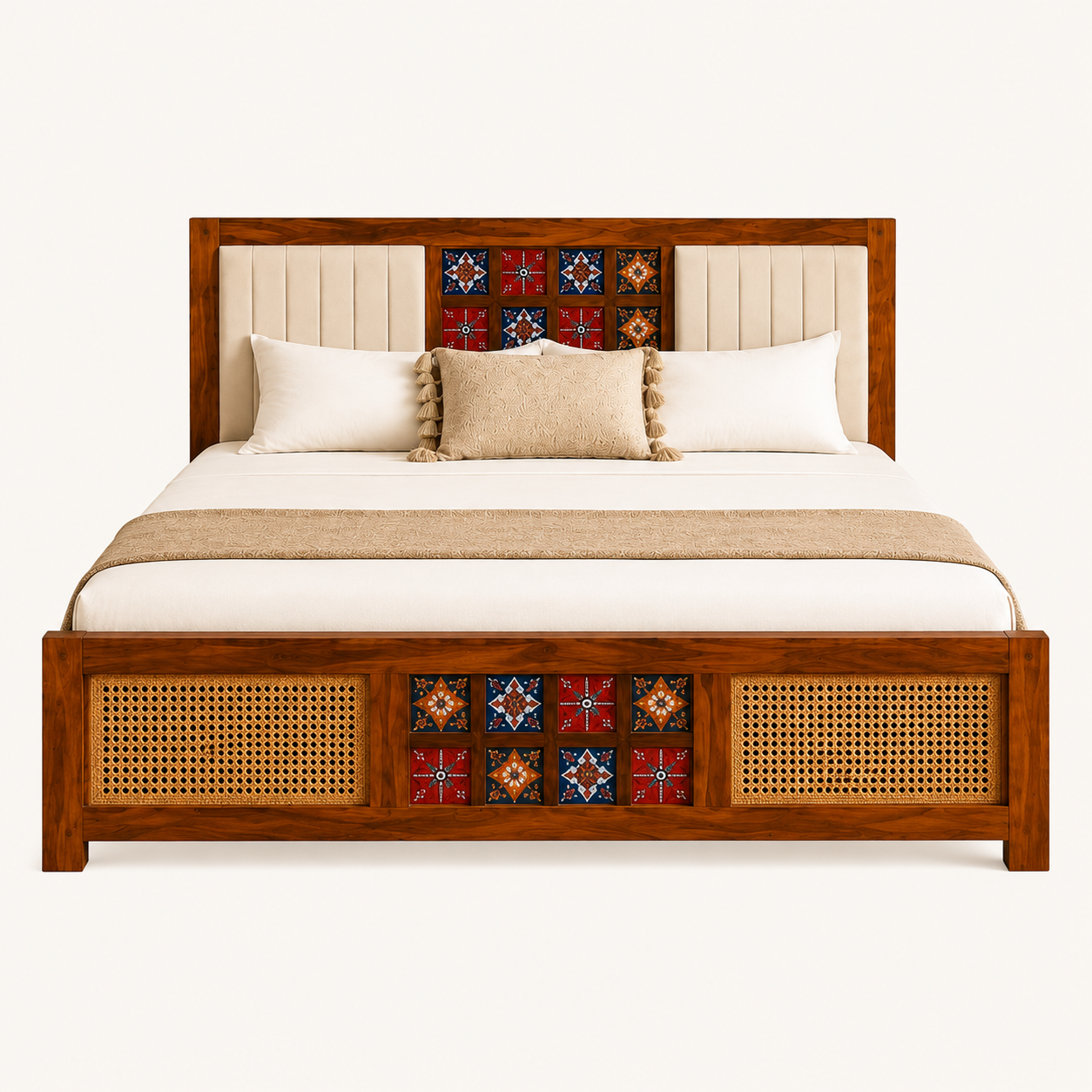 Solid Sheesham Wood Bed – Cane & Tile Pattern Design