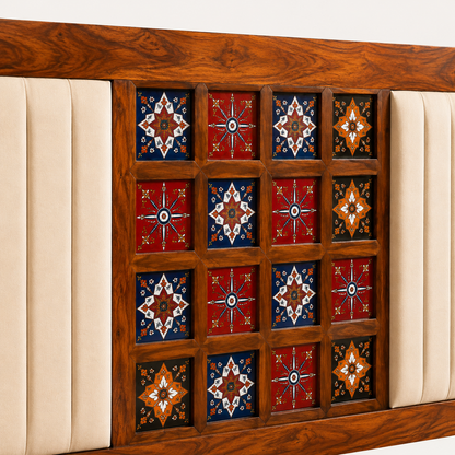 Solid Sheesham Wood Bed – Cane & Tile Pattern Design