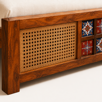 Solid Sheesham Wood Bed – Cane & Tile Pattern Design