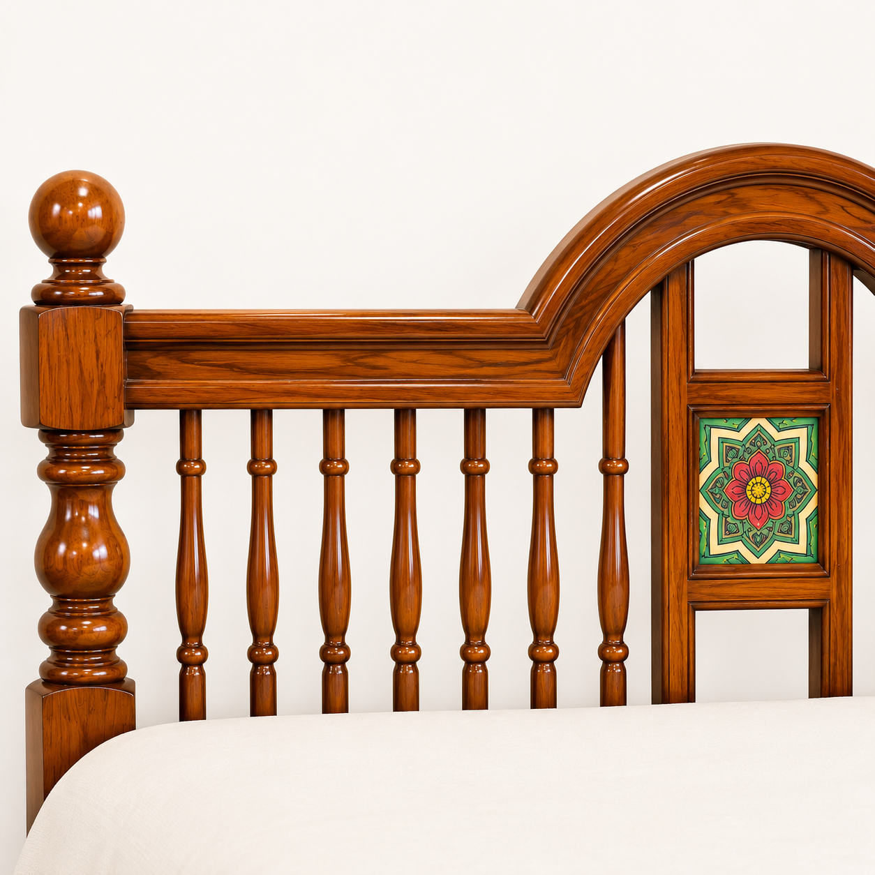 Solid Sheesham Wood Bed – Arched Spindle & Tile Pattern Design